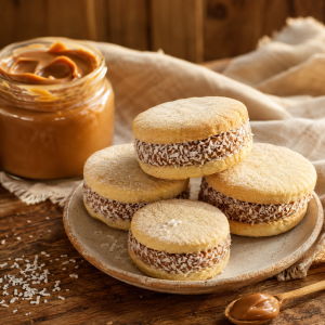 Alfajores met dulce de leche op een rustieke tafel