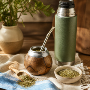 Mate kalebas, bombilla, yerba mate en thermos op een warme tafel